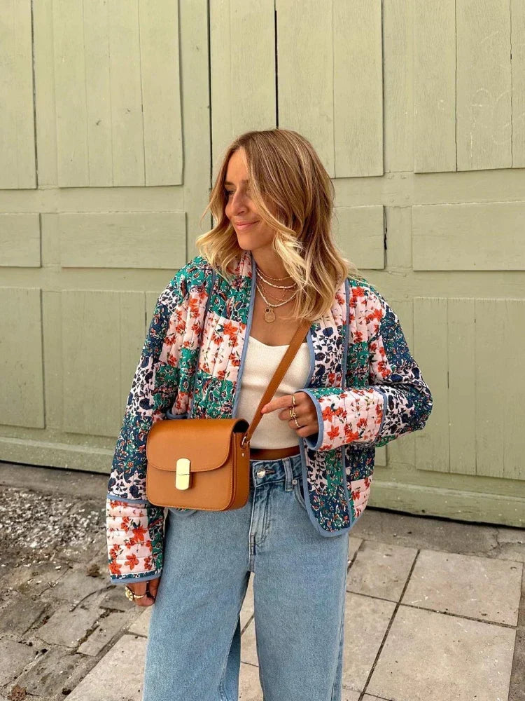 Floral Vintage Jacket Women – Stylish Floral Print Lightweight Outerwear Green-Blue