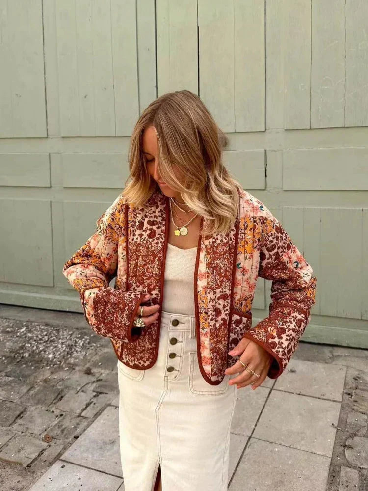 Floral Vintage Jacket Women – Stylish Floral Print Lightweight Outerwear Red-Orange
