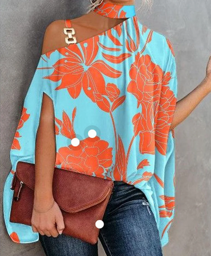 Off-the-Shoulder Top for Women – Stylish Casual Blouse with Ruffle Detail Blue-Orange