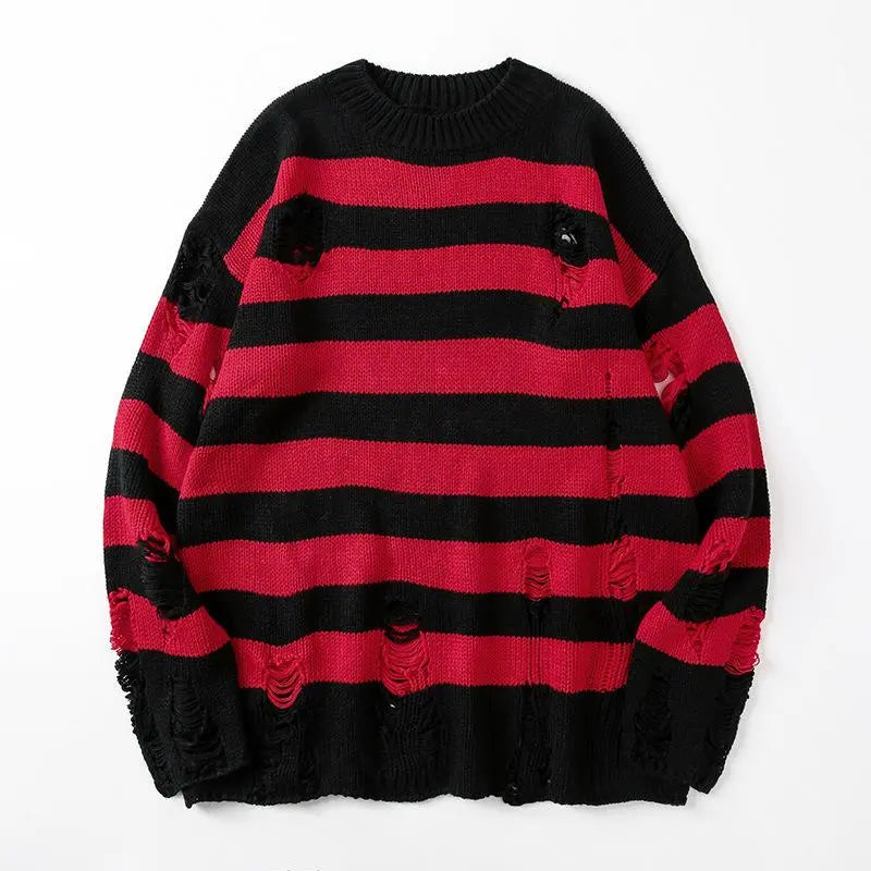 Men's Knit Sweater – Distressed Striped Pullover for Casual Wear Red Black