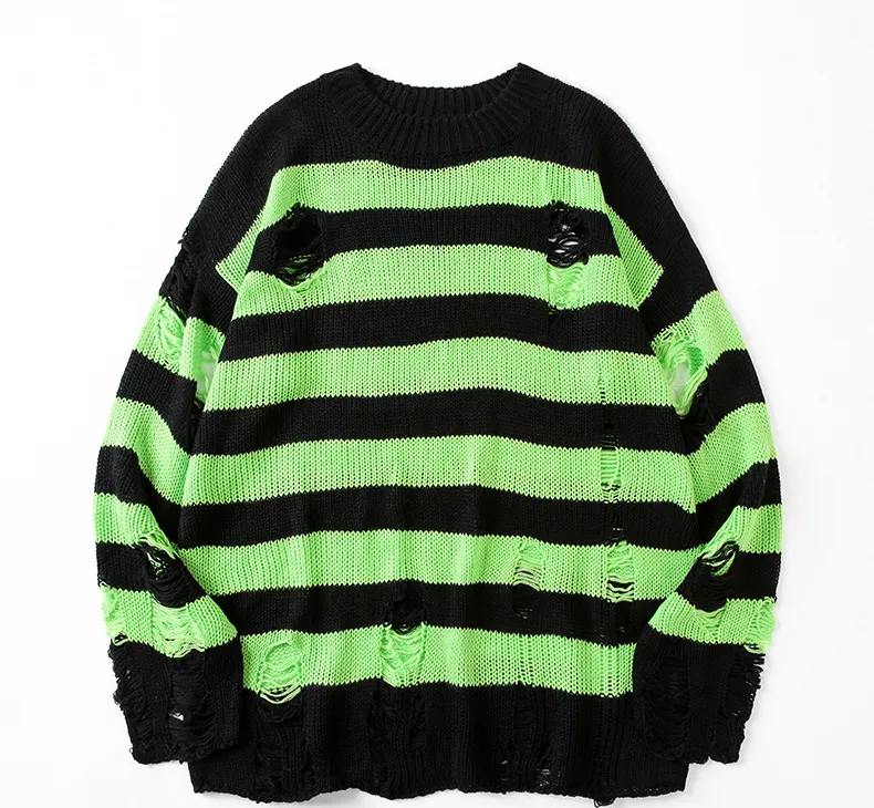 Men's Knit Sweater – Distressed Striped Pullover for Casual Wear Light Green