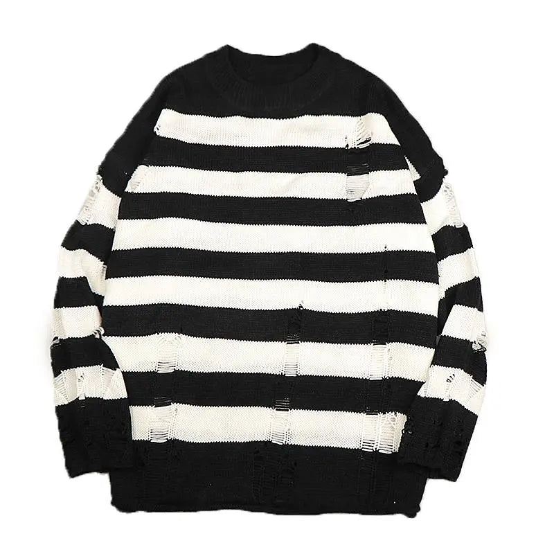 Men's Knit Sweater – Distressed Striped Pullover for Casual Wear White Black