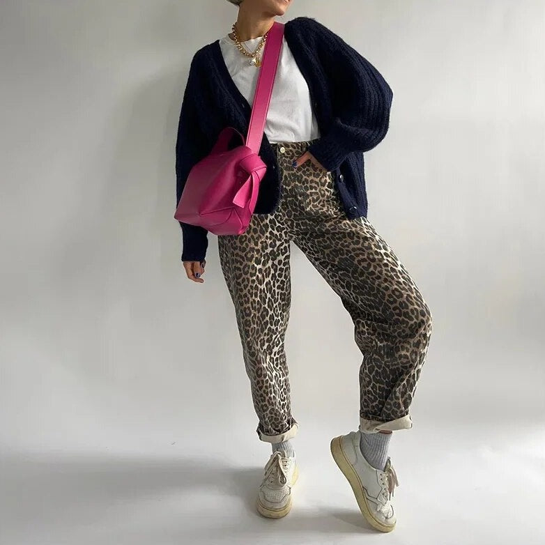 High-Waisted Jeans for Women - Stylish Stretch Denim, Flattering Fit, Casual Wear Leopard