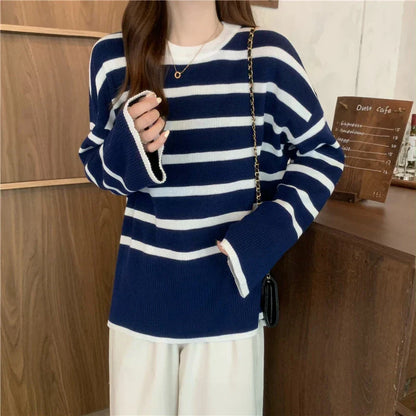 Women's Knit Jumper – Playful Striped Sweater for Casual Wear Blue One Size
