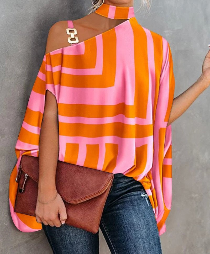 Off-the-Shoulder Top for Women – Stylish Casual Blouse with Ruffle Detail Orange-Pink Striped