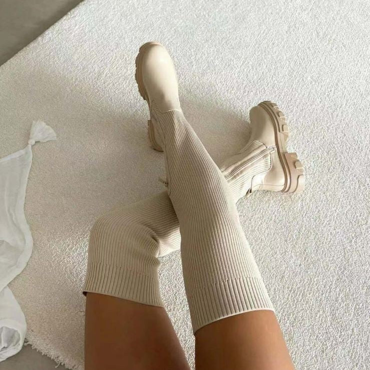 Over-the-Knee Boots for Women – Stylish Faux Leather, Chunky Heels, and Comfortable Fit Beige