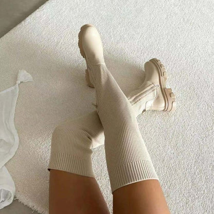 Over-the-Knee Boots for Women – Stylish Faux Leather, Chunky Heels, and Comfortable Fit Beige